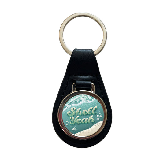 Shell Yeah Sea Foam Ocean Beach Funny Black Leather Metal Keychain