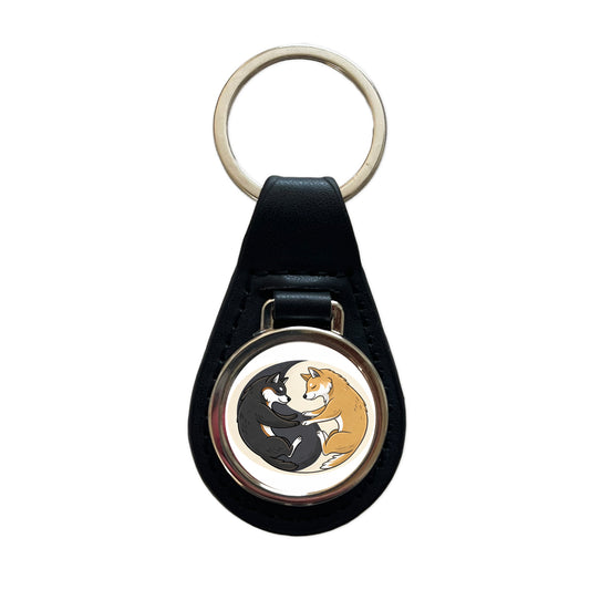 Shiba Inus Yin Yang Dogs Black Leather Metal Keychain