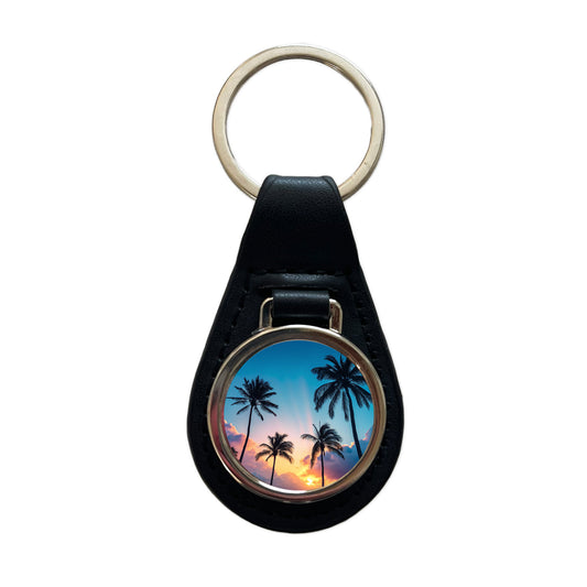 Silhouetted Palm Trees Beautiful Sky Black Leather Metal Keychain