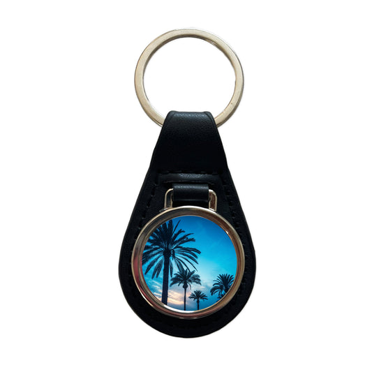 Silhouetted Palm Trees Blue Sky Black Leather Metal Keychain