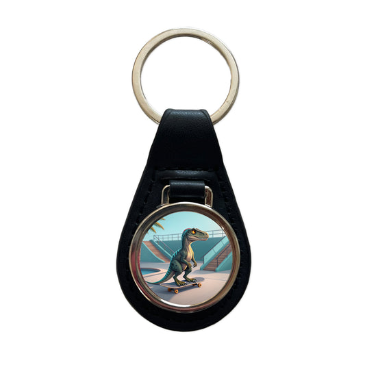 Skateboarding Raptor Dinosaur Funny Black Leather Metal Keychain