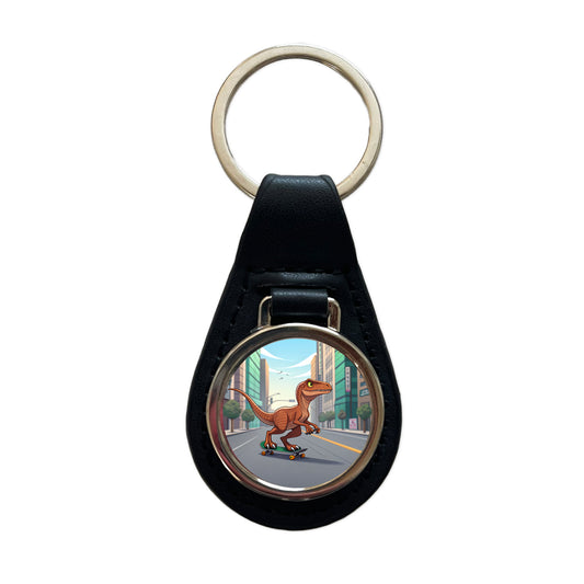 Skateboarding Raptor Dinosaur Black Leather Metal Keychain