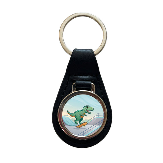 Skateboarding Tyrannosaurus Rex Dinosaur Cute Black Leather Metal Keychain