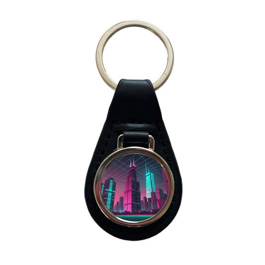 Skyscrapers Buildings Lit Pink Teal Black Leather Metal Keychain