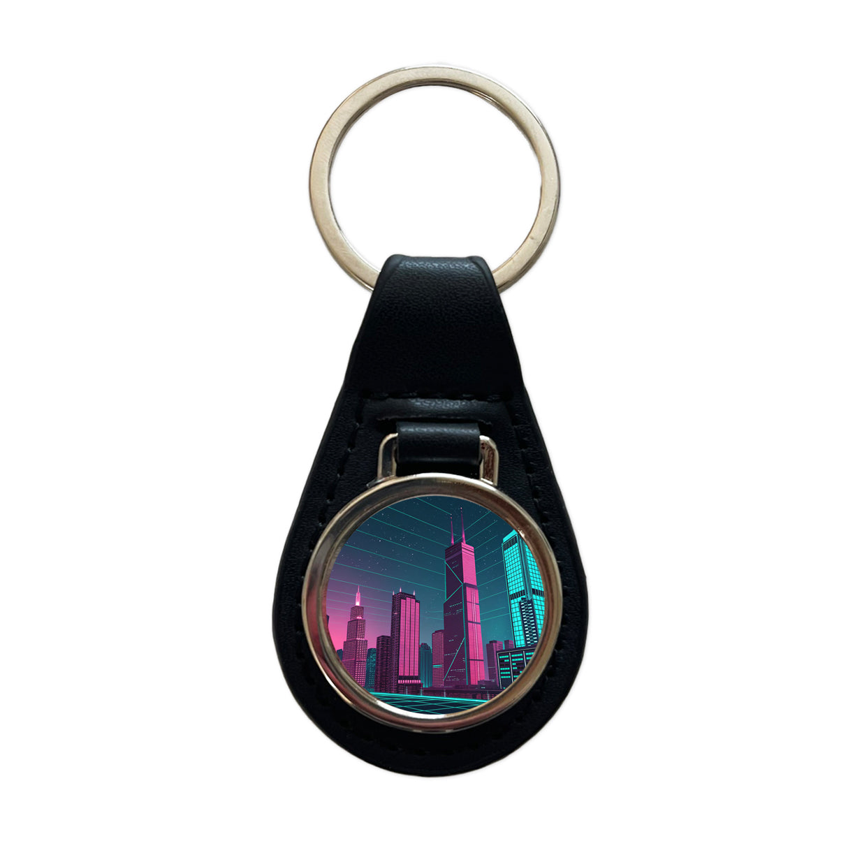 Skyscrapers Lit Pink Teal Glitch Effects Black Leather Metal Keychain