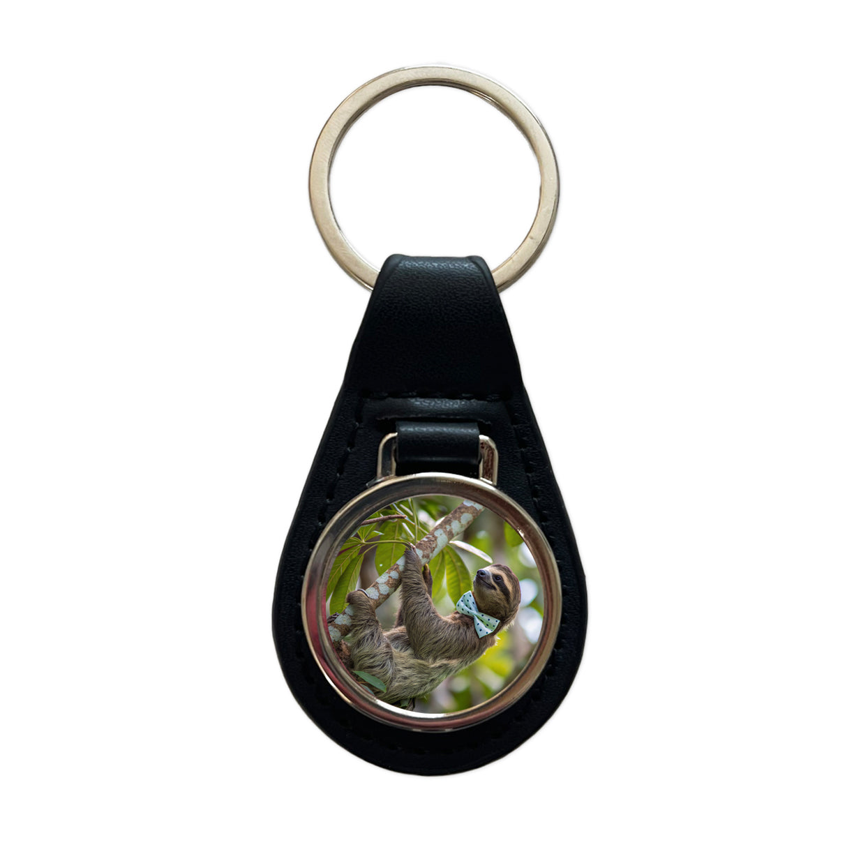 Sloth Wearing Bow Tie Funny Black Leather Metal Keychain