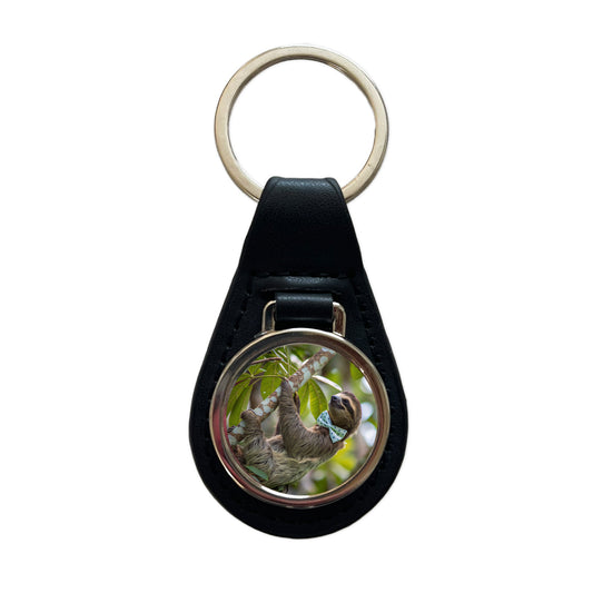Sloth Wearing Bow Tie Funny Black Leather Metal Keychain