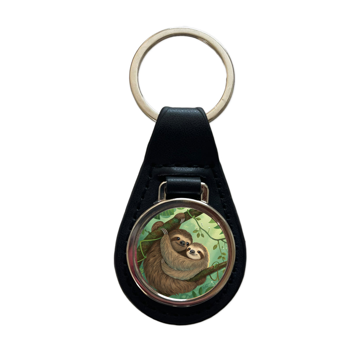 Sloths Hugging Love Black Leather Metal Keychain