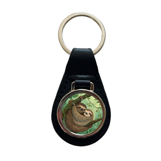 Sloths Hugging Love Black Leather Metal Keychain
