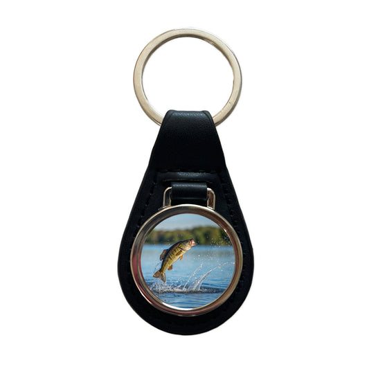 Smallmouth Bass Fish Jumping Fishing Black Leather Metal Keychain