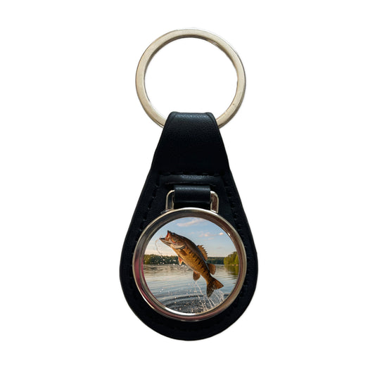 Smallmouth Bass Fish Jumping River Fishing Black Leather Metal Keychain