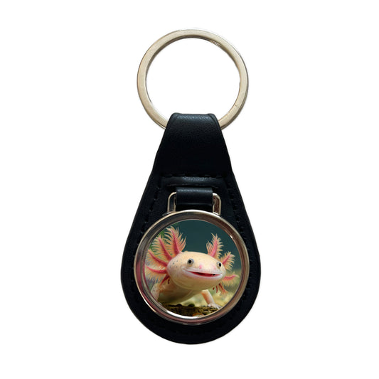 Smiling Axolotl Adorable Black Leather Metal Keychain