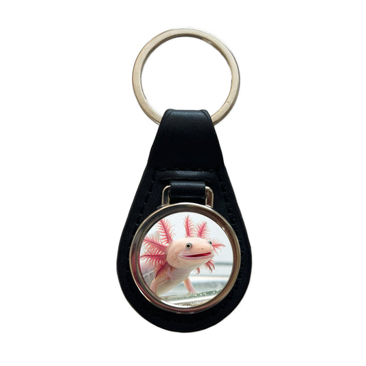 Smiling Axolotl Cute Funny Black Leather Metal Keychain
