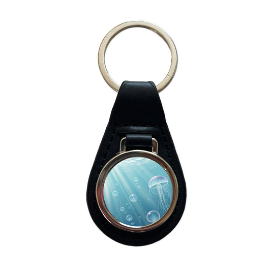 Soft Blue Tones Jellyfish Ocean Sea Black Leather Metal Keychain