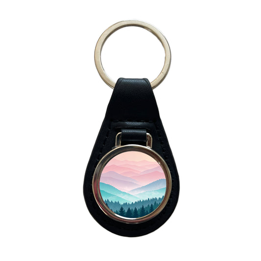 Soft Gradient Pastels Hills Trees Black Leather Metal Keychain