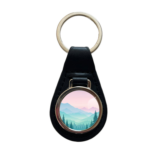 Soft Gradient Pastels Mountains Black Leather Metal Keychain