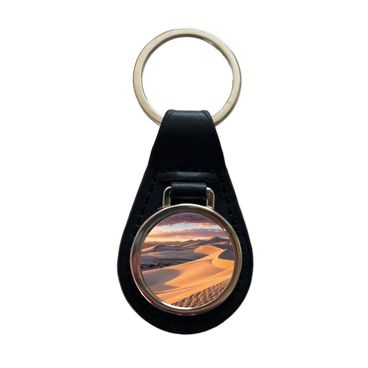 Soft Rolling Sand Dunes At Golden Hour Desert Black Leather Metal Keychain