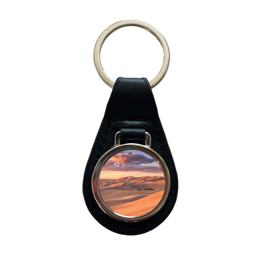Soft Rolling Sand Dunes Sunset Desert Black Leather Metal Keychain