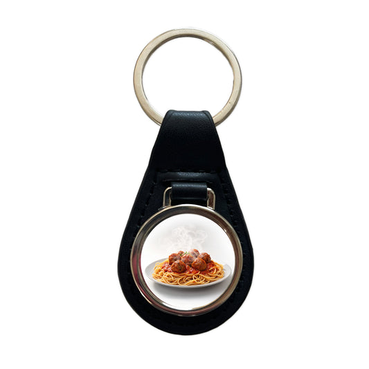 Spaghetti And Meatballs Italian Plate Black Leather Metal Keychain