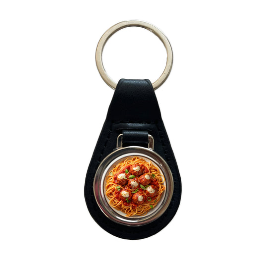 Spaghetti And Meatballs Top Down View Pasta Black Leather Metal Keychain