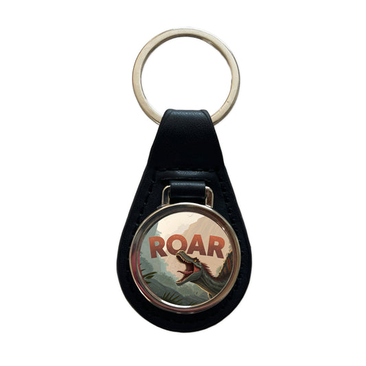 Spinosaurus Roar Bold Text Dinosaur Black Leather Metal Keychain