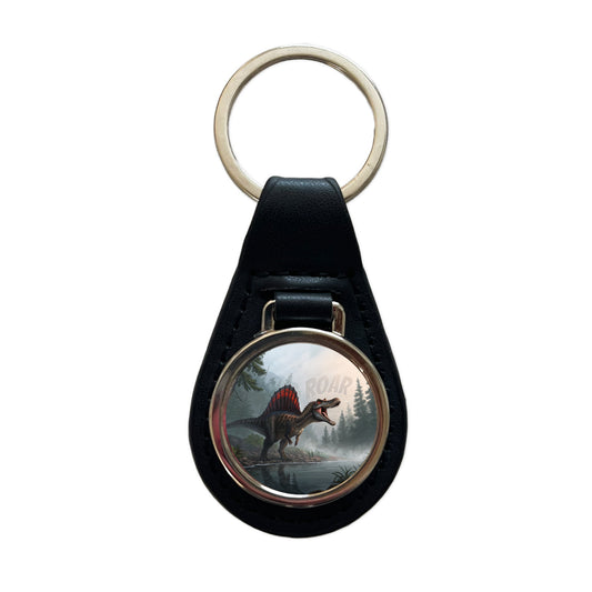 Spinosaurus Roar Dinosaur Black Leather Metal Keychain