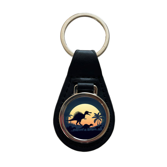 Spinosaurus Silhouettes Dinosaurs Black Leather Metal Keychain