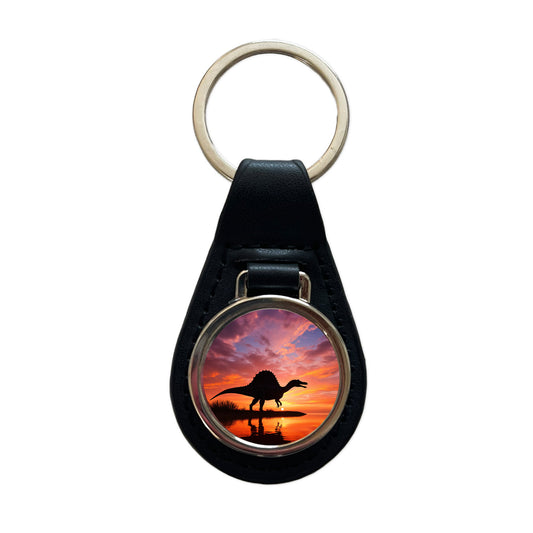 Spinosaurus Sunset Dinosaur Black Leather Metal Keychain
