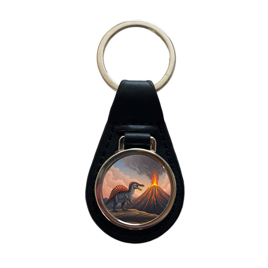 Spinosaurus Volcano Erupting Dinosaur Black Leather Metal Keychain