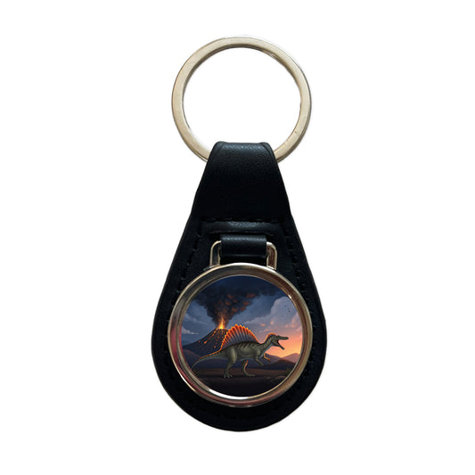Spinosaurus Volcano Lava Dinosaur Black Leather Metal Keychain