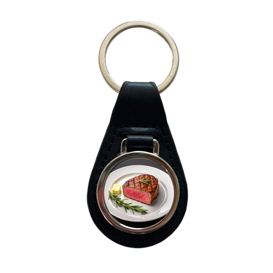 Steak Dinner On Plate Black Leather Metal Keychain