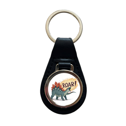 Stegosaurus Roar Dinosaur Black Leather Metal Keychain