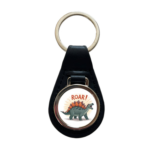 Stegosaurus Roar Text Dinosaur Fun Black Leather Metal Keychain