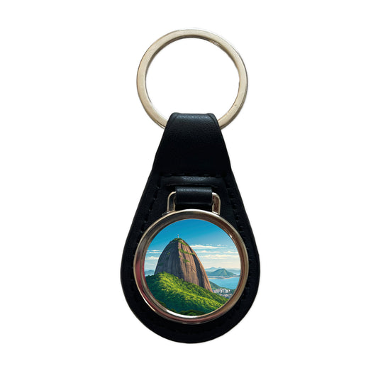 Sugarloaf Mountain Rio de Janeiro Brazil Black Leather Metal Keychain