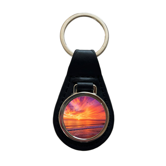 Sunrise Sunset Over The Ocean Beach Black Leather Metal Keychain