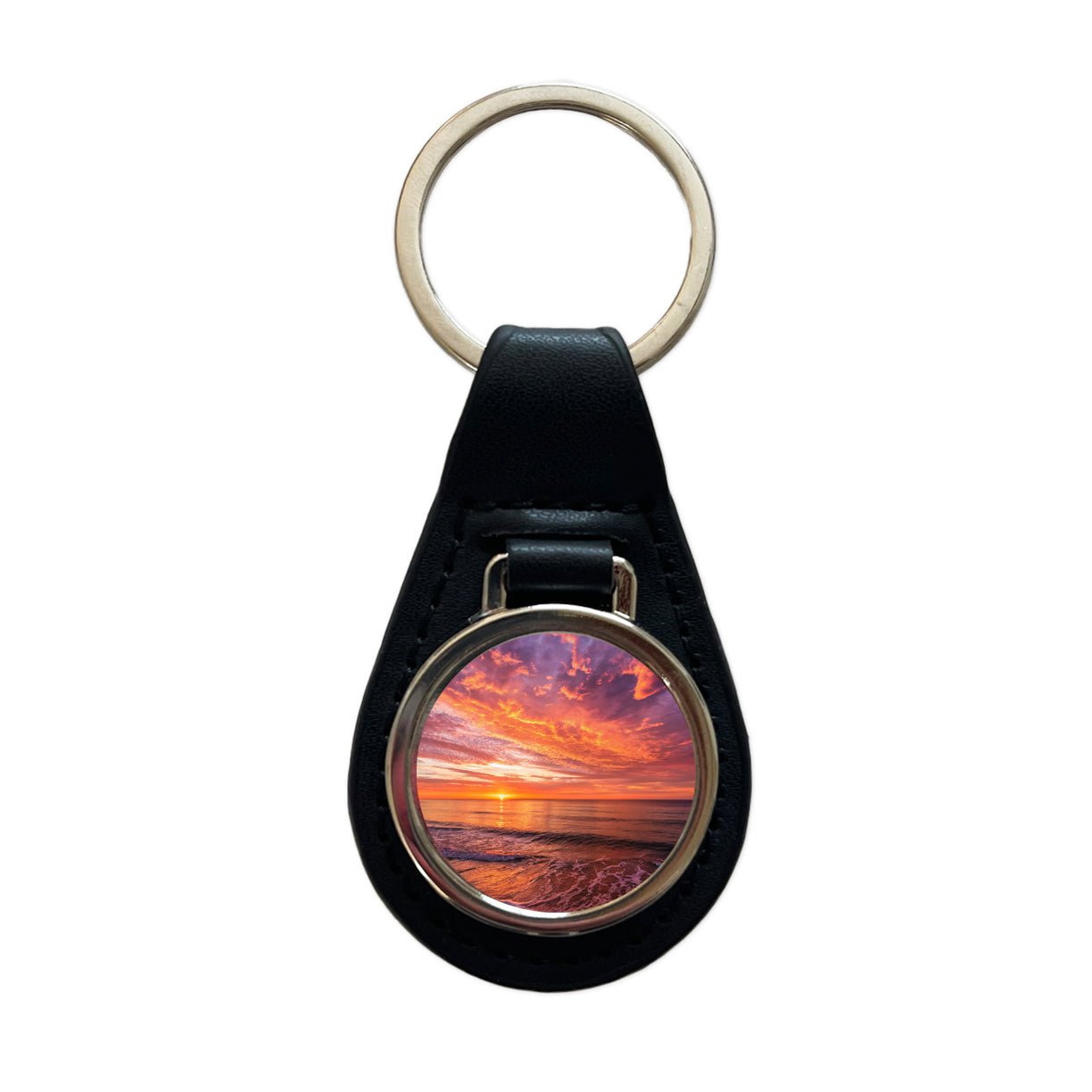 Sunrise Sunset Over The Ocean Black Leather Metal Keychain