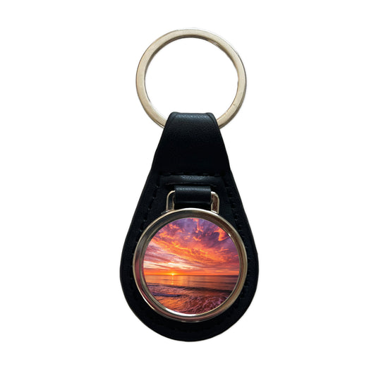 Sunrise Sunset Over The Ocean Black Leather Metal Keychain