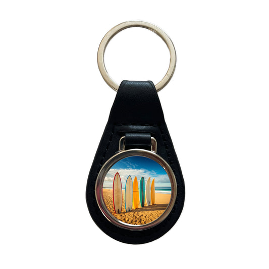 Surfboard Lineup On Beach Black Leather Metal Keychain