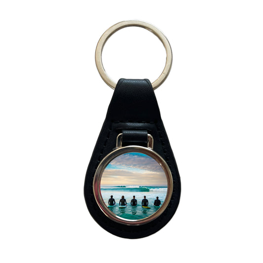 Surfing Surfers Surfboards Lineup Ocean Black Leather Metal Keychain