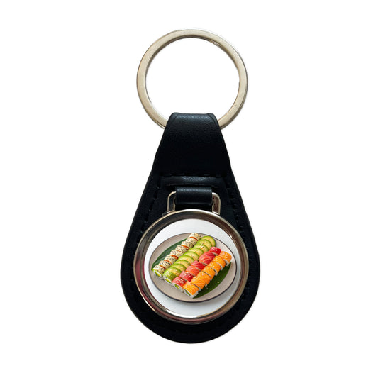 Sushi Rolls Plate Black Leather Metal Keychain