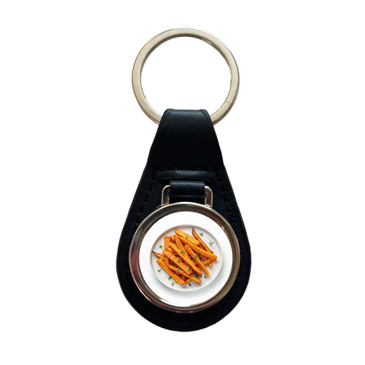 Sweet Potato Fries Yummy Black Leather Metal Keychain
