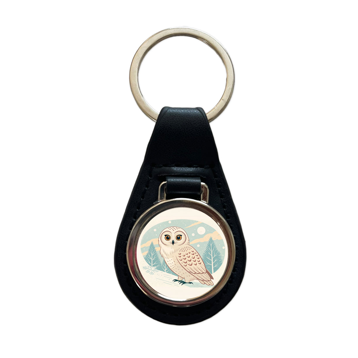Sweet Snowy Owl Winter Black Leather Metal Keychain