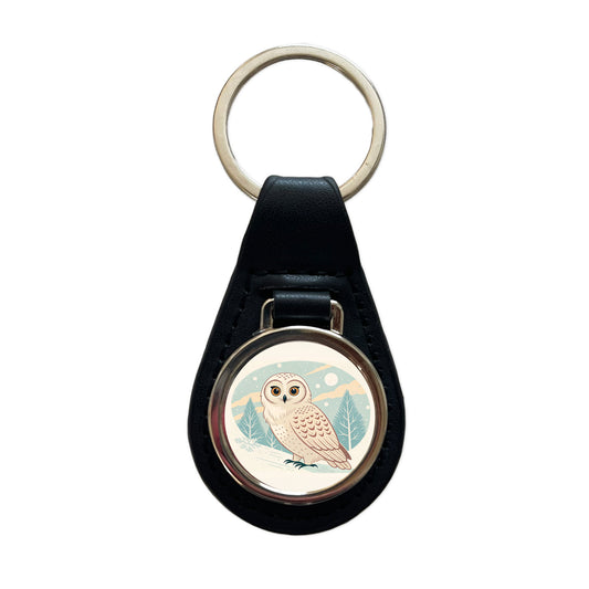 Sweet Snowy Owl Winter Black Leather Metal Keychain