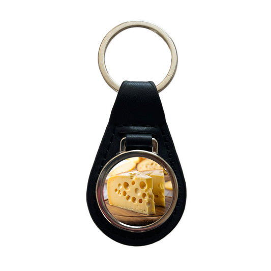Swiss Cheese on Cutting Board Black Leather Metal Keychain