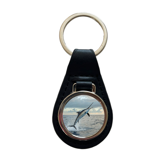 Swordfish Jumping Fishing Black Leather Metal Keychain
