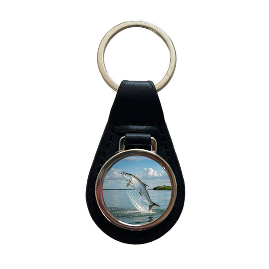 Tarpon Fish Jumping Fishing Black Leather Metal Keychain