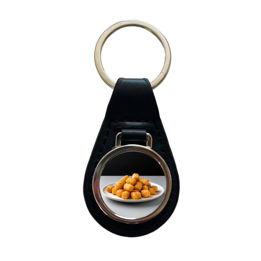 Tater Tots Plate Black Leather Metal Keychain