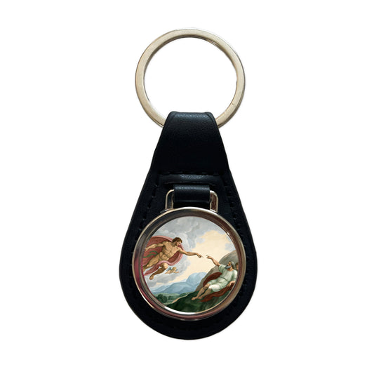 The Creation Of Adam By Michelangelo Inspired Black Leather Metal Keychain