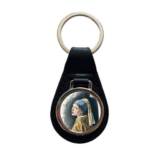 The Girl With A Pearl Earring By Johannes Vermeer Inspired Black Leather Metal Keychain