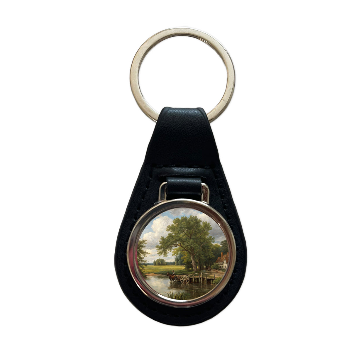 The Hay Wain By John Constable Inspired Black Leather Metal Keychain